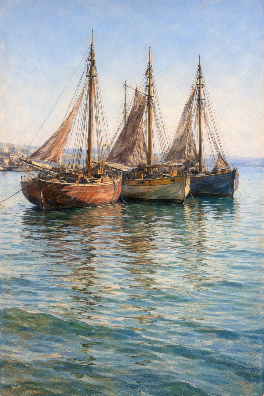 三隻の漁船、晴朝
