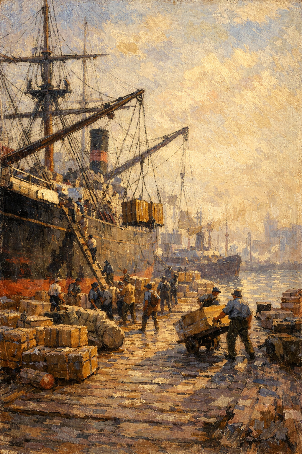 積み荷の荷降ろし、朝