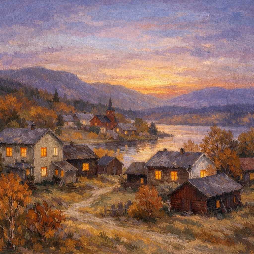 スウェーデンの村、秋の薄暮