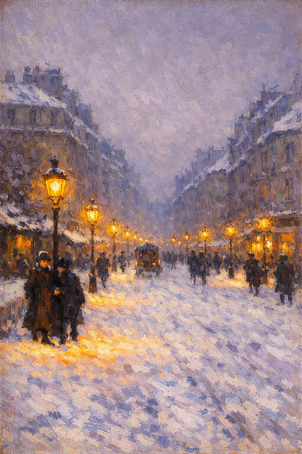 雪の道、薄暮とランプ