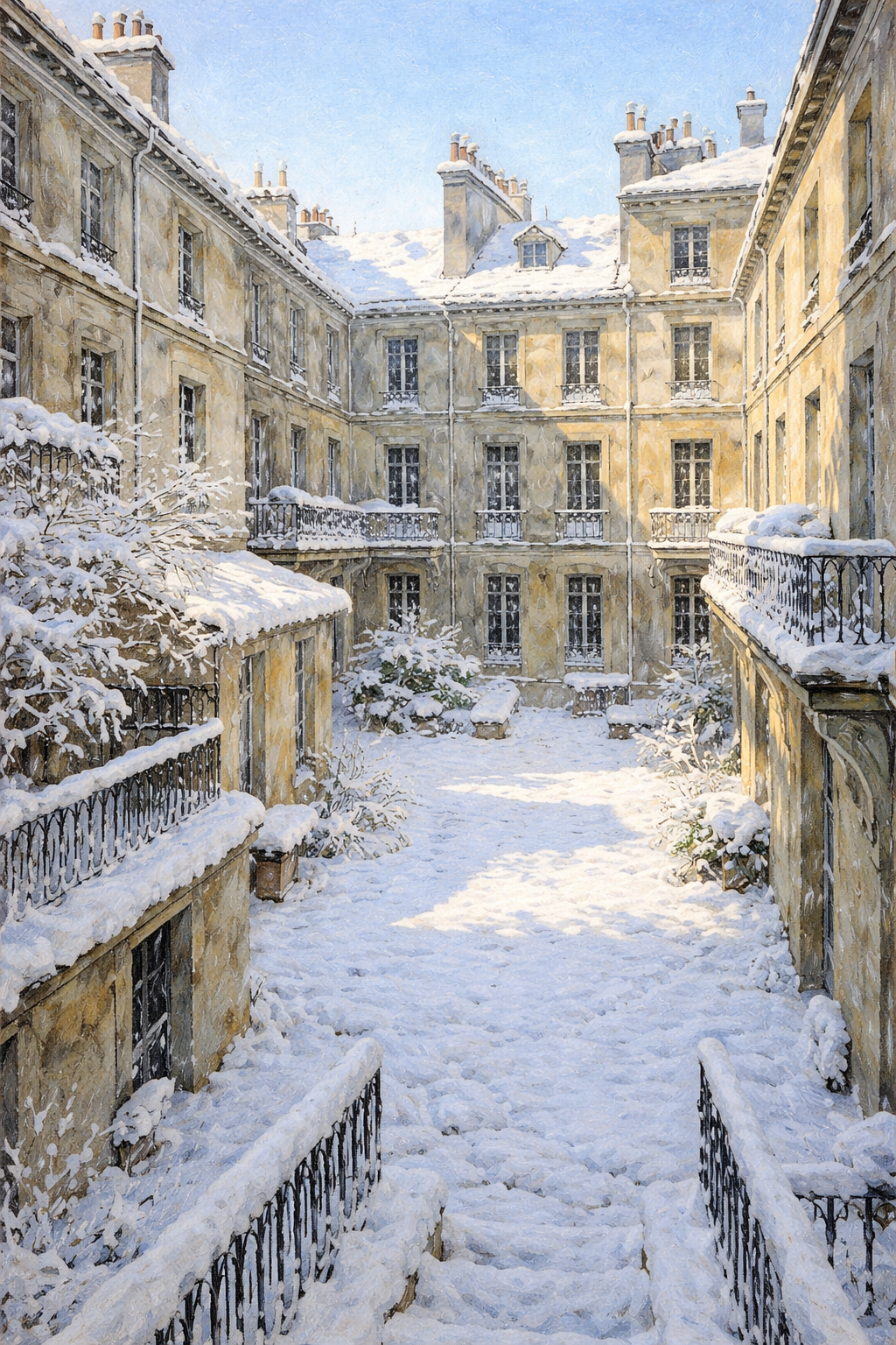 雪に覆われた庭、晴れた朝