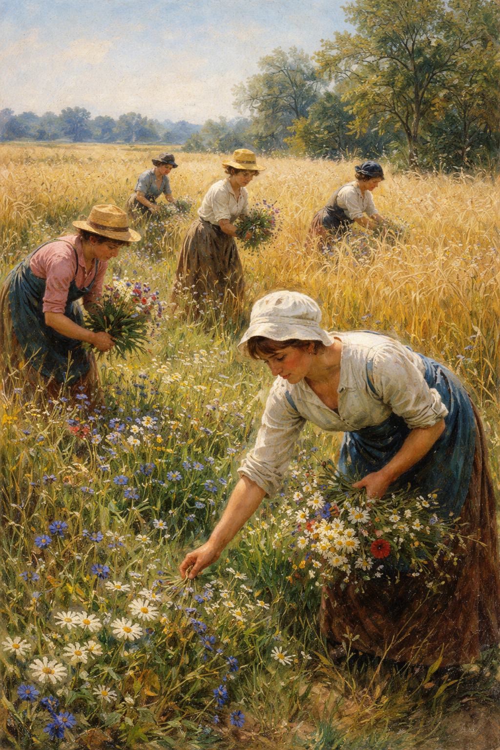 麦畑で花を摘む女性たち