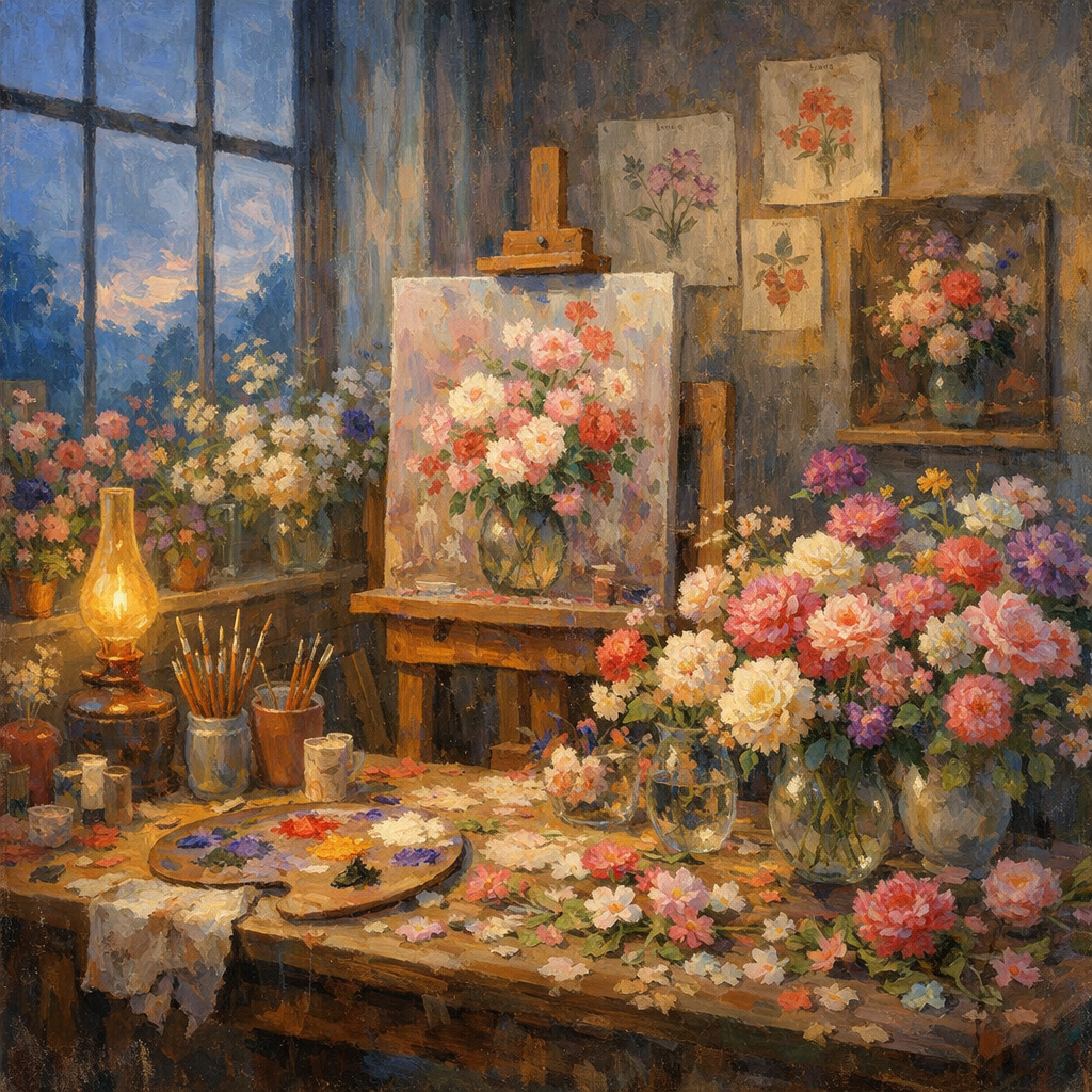 薄暮時の花の工房