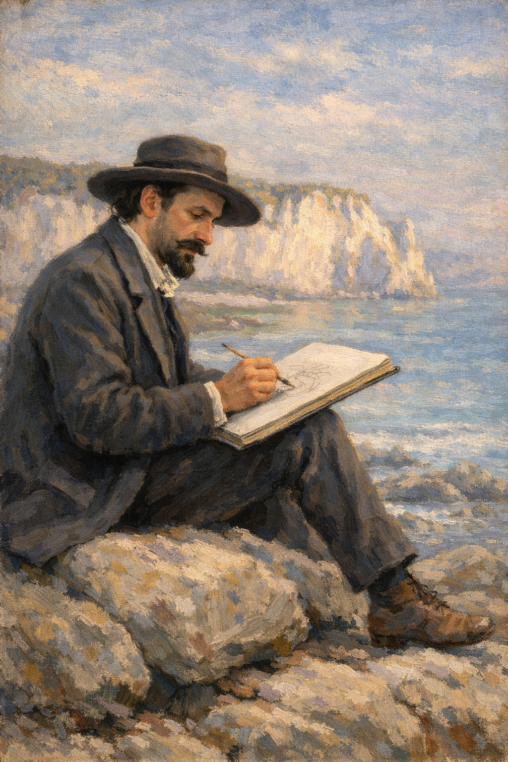 海岸で素描するメルシエ