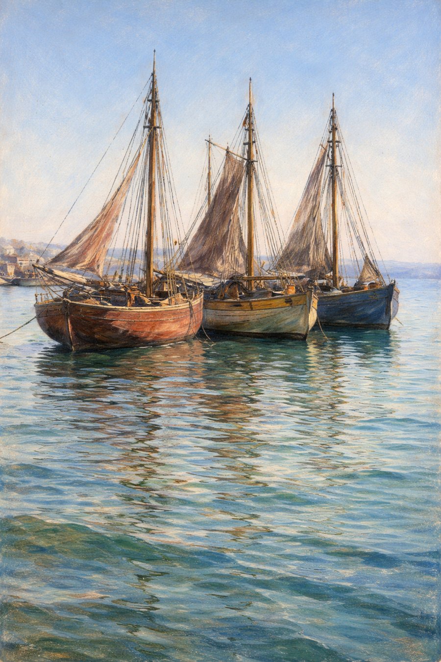 三隻の漁船、晴朝