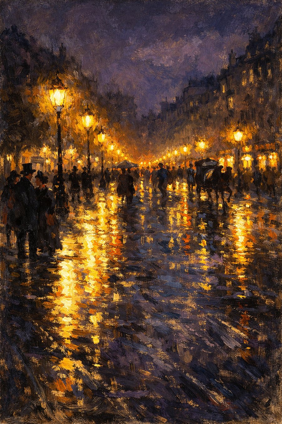 照らされた大通り、雨の夜