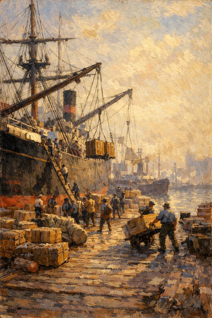 積み荷の荷降ろし、朝