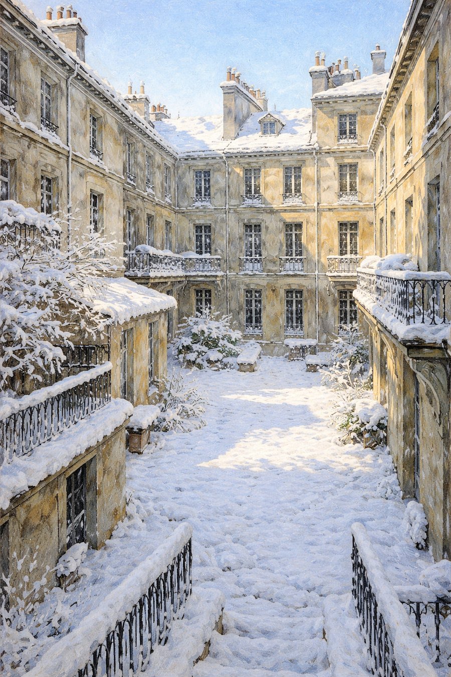 雪に覆われた庭、晴れた朝