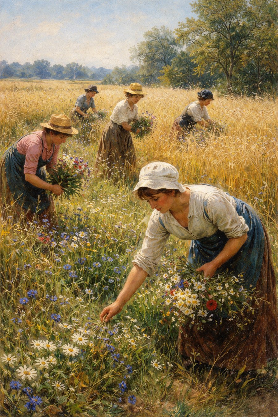 麦畑で花を摘む女性たち