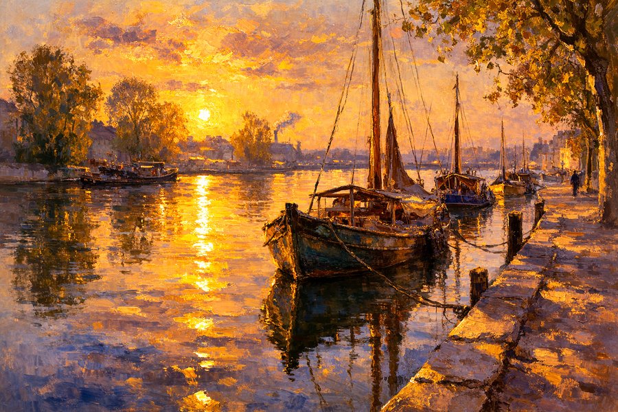 埠頭のボート、金色の映像