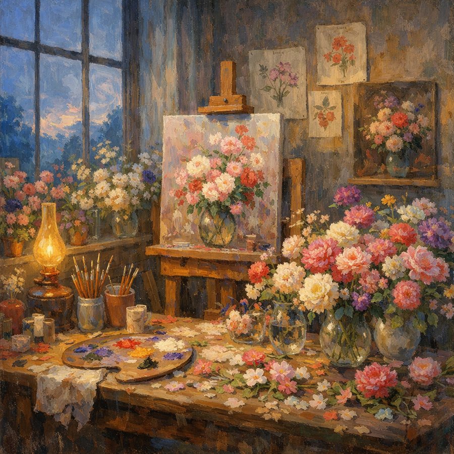 薄暮時の花の工房