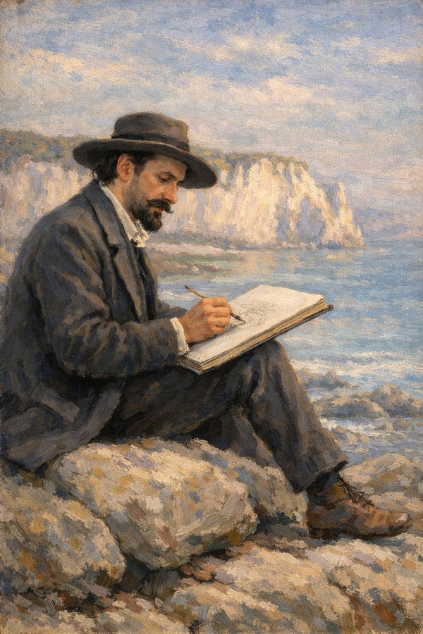 海岸で素描するメルシエ