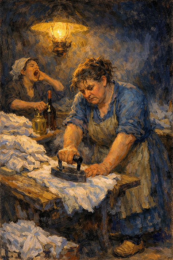 アイロンをかける女たち、ガス灯の下で